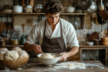 Portrait of a smiling male chef making pizza in a restaurant kitchen.