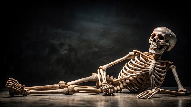 Panoramic Halloween dead skeleton against a black background