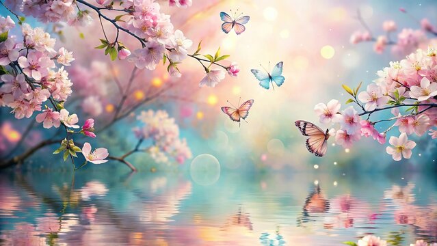 Reflected spring background with sakura flowers pink cherry blossom oil painting style pastel background with butterflies and flowers