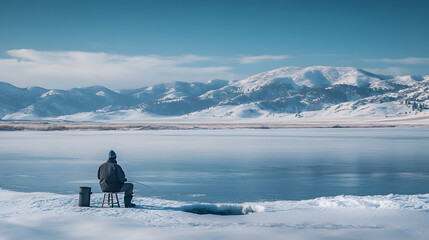 A lone ice fisherman sitting on a stool by a hole drilled into a frozen lake with snow-covered mountains in the distance.