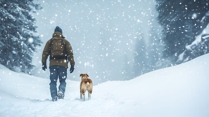 A man and his dog hiking through deep snow in a mountain pass both bundled in winter gear with snowflakes falling around them.