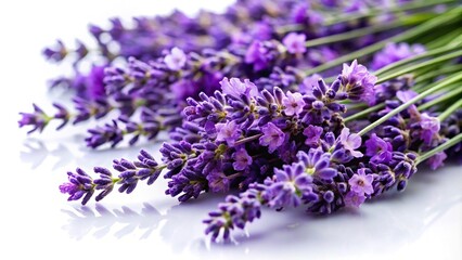 Purple lavender flowers arranged serenely against white background at a tilted angle