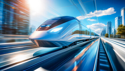 Obraz premium High speed magnetic levitation train rushing against the city background