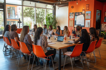 Community gathering for creative collaboration in a vibrant workspace