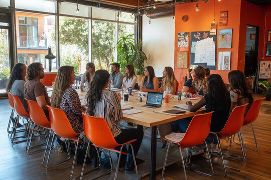 Community gathering for creative collaboration in a vibrant workspace