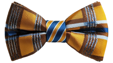 Stylish bow tie with yellow, blue, and brown stripes on transparent background
