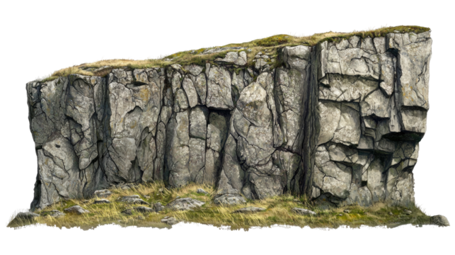 Large rocky cliff with cracks and patches of grass on the top on transparent background