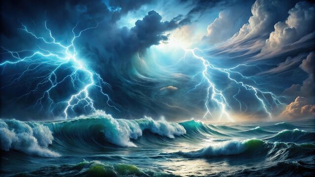 Reflected surreal ocean storm with swirling currents and lightning illuminating dark tumultuous waves capturing the raw power of nature