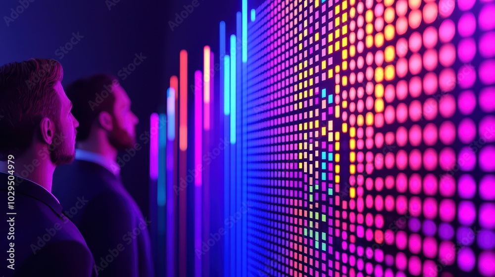 Poster two men observing digital display with vibrant lights and data visualization.