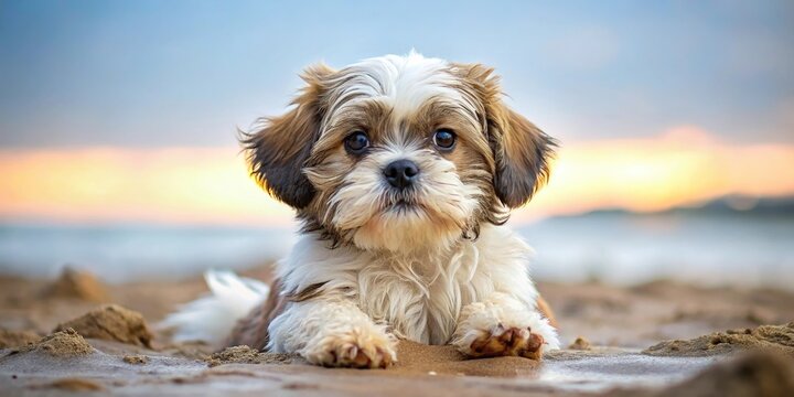 Wet dirty shih tzu puppy playing in sand - Powered by Adobe