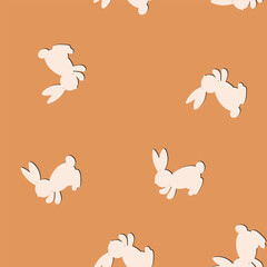 Seamless pattern with color silhouette Easter rabbits on blue background. Design for card, postcard, wallpaper, fabric, textile. Vector stock illustration. Cartoon style