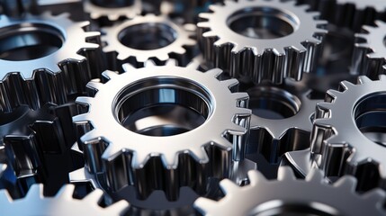 3D mechanical gears interlocking in motion with metallic reflections