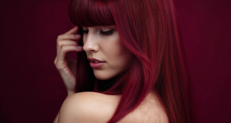 Portrait of a serene woman with vibrant red hair and a calm expression, conveying introspective and peaceful emotions. The rich colors enhance the mood of contemplation and elegance.

