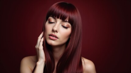 Fototapeta premium Portrait of a serene woman with vibrant red hair and a calm expression, conveying introspective and peaceful emotions. The rich colors enhance the mood of contemplation and elegance.
