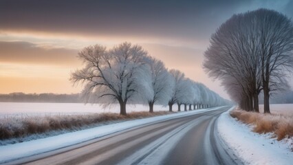 Obraz premium A rural road in winter flanked by snow-dusted trees, disappearing into the misty horizon. The stillness and serenity of the scene evoke a sense of calm and isolation in the countryside