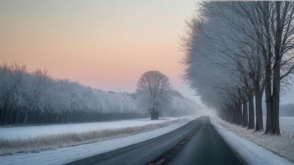 Obraz premium A rural road in winter flanked by snow-dusted trees, disappearing into the misty horizon. The stillness and serenity of the scene evoke a sense of calm and isolation in the countryside