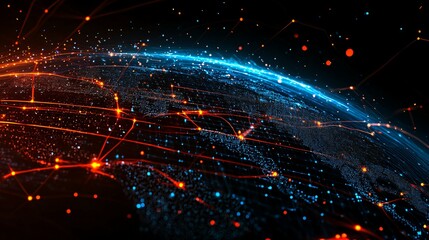 Obraz premium A glowing digital globe with red lines and blue lights representing global connections