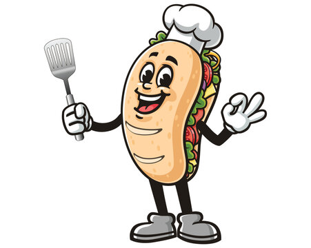 recommend clip art: Sub Sandwich with Spatula and wearing Chef Hat, Cartoon Mascot Illustration Character Vector Clip-art Hand-drawn Logo Design