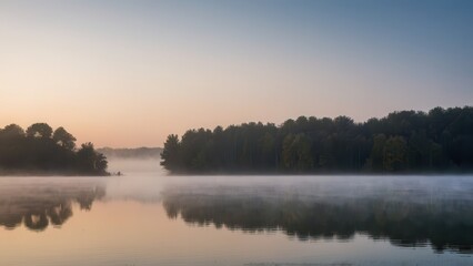 Obraz premium Soft morning fog hovering over a tranquil lake, reflecting the silhouette of distant trees. This peaceful scene blends the stillness of water with the mystique of fog in a natural, quiet setting