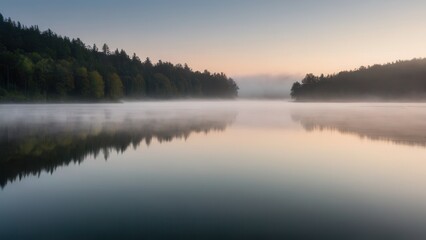 Fototapeta premium Soft morning fog hovering over a tranquil lake, reflecting the silhouette of distant trees. This peaceful scene blends the stillness of water with the mystique of fog in a natural, quiet setting