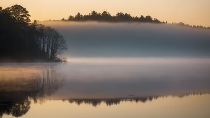Obraz premium Soft morning fog hovering over a tranquil lake, reflecting the silhouette of distant trees. This peaceful scene blends the stillness of water with the mystique of fog in a natural, quiet setting