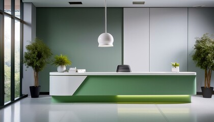 A grey and green reception desk in a modern doctor's office, with a stylish pendant light ha