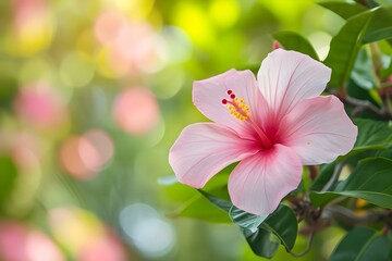  Delicate pink hibiscus flower in soft sunlight