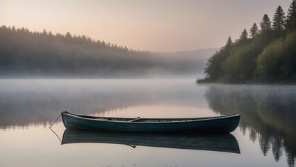 A wooden boat gently floats on a mist-covered lake at dawn, surrounded by dense fog and a tranquil forest. The serene atmosphere and fog over the water create a peaceful, mysterious scene.