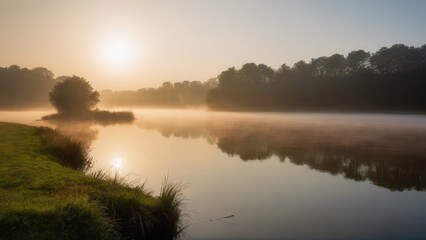 Fototapeta premium A gentle fog blankets a peaceful river at sunrise, with warm sunlight reflecting off the mist and water. The soft fog over the water and the lush green banks create a serene and atmospheric rural scen