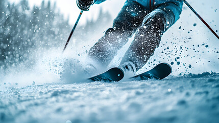 A skier expertly weaving through a mogul field during a race their knees absorbing the bumps as snow flies in every direction.