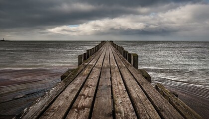 Fototapeta premium A low-angle shot of a weathered pier, with its aged wooden beams exposed, leading out to a d