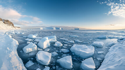 A panoramic view of a frozen coastline with ice floes breaking up along the shore and the open sea beyond.