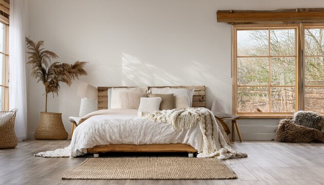 A modern farmhouse bedroom with a rustic wooden bed frame, crisp white linens, and soft beig