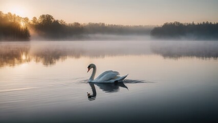 Fototapeta premium A solitary swan swimming through a foggy lake at sunrise, with mist drifting over the calm water and forested hills in the background. The soft light and fog over water create a harmonious and tranqui