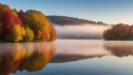 Misty autumn morning on a peaceful lake surrounded by colorful trees. The fog over the water creates a dreamy atmosphere, with the vibrant fall foliage reflected in the calm surface of the lake