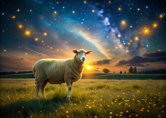 Fototapeta premium Night Photography of a Sheep in a Golden Field Under a Starry Sky
