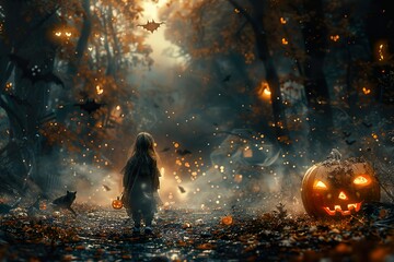 Halloween night little girl in the forest, scary pumpkins.
