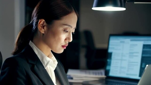 An Asian businesswoman with fair skin and sharp features sits at a cluttered office desk. Her expression is serious, A laptop displaying financial data