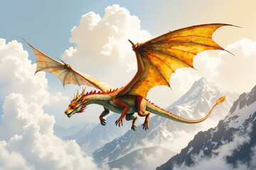 Large orange dragon flying over snowy mountain peaks