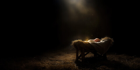 New Born Jesus Christ in Manger Under Magic Light Banner with Copy Space