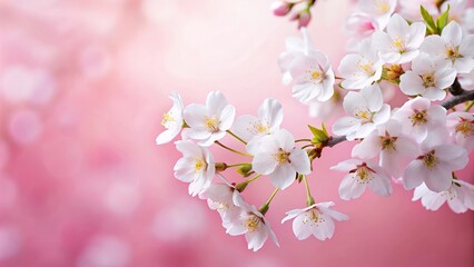 Obraz premium Reflected white cherry blossoms on a pink background with open buds