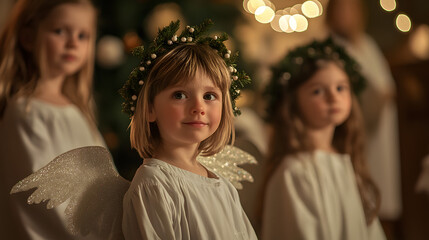 A small group of children dressed as angels and shepherds rehearsing for a Christmas Eve nativity play inside a beautifully decorated church.
