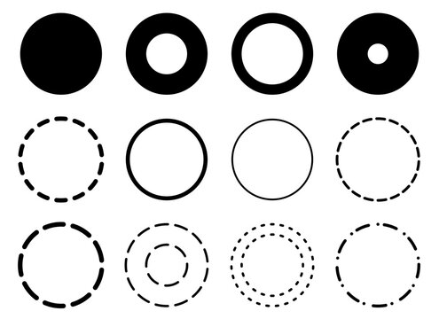 Collection of black vector circles in various styles and shapes - Set of isolated circumferences for designs - Circular geometric shapes