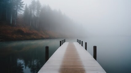 A lone pier reaches into the fog-covered lake, creating a serene and mysterious atmosphere. The dense fog blurs the boundaries between the water and sky, evoking a sense of stillness and calm