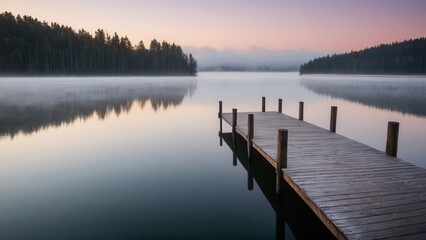 Fototapeta premium A lone pier reaches into the fog-covered lake, creating a serene and mysterious atmosphere. The dense fog blurs the boundaries between the water and sky, evoking a sense of stillness and calm