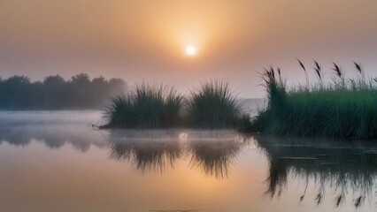 Obraz premium Golden sunlight breaks through the fog over a peaceful lake, reflecting the surrounding vegetation. The misty water and gentle light combine to create a serene and harmonious natural scene
