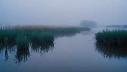 Obraz premium Golden sunlight breaks through the fog over a peaceful lake, reflecting the surrounding vegetation. The misty water and gentle light combine to create a serene and harmonious natural scene