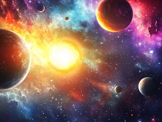 4k cosmic scene with planets orbiting a distant sun in a colorful galaxy