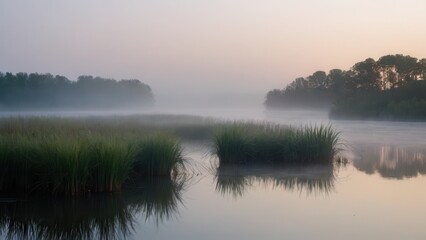 Obraz premium Golden sunlight breaks through the fog over a peaceful lake, reflecting the surrounding vegetation. The misty water and gentle light combine to create a serene and harmonious natural scene
