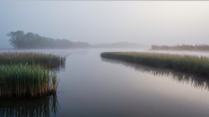 Golden sunlight breaks through the fog over a peaceful lake, reflecting the surrounding vegetation. The misty water and gentle light combine to create a serene and harmonious natural scene